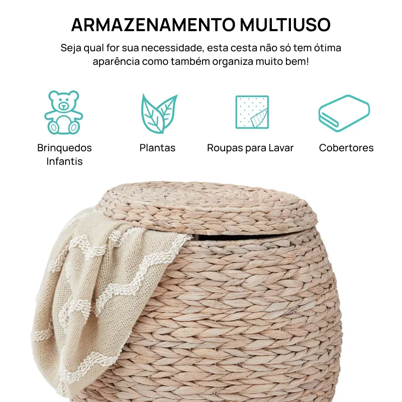 Cesta Organizadora Vintage Multifuncional de Jacinto-d’Água com Tampa, Ideal para Armazenamento em Qualquer Cômodo charme rústico
