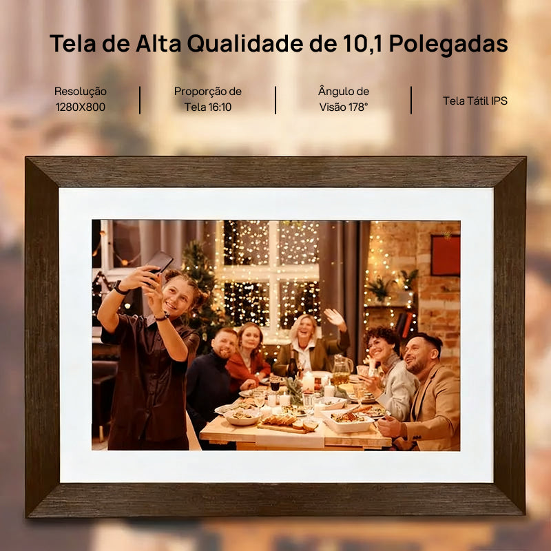 Porta-Retratos Digital Frameo 25.7cm com Moldura de Madeira, Fácil Instalação e Memória de 32GB para Fotos, memórias vivas e especiais