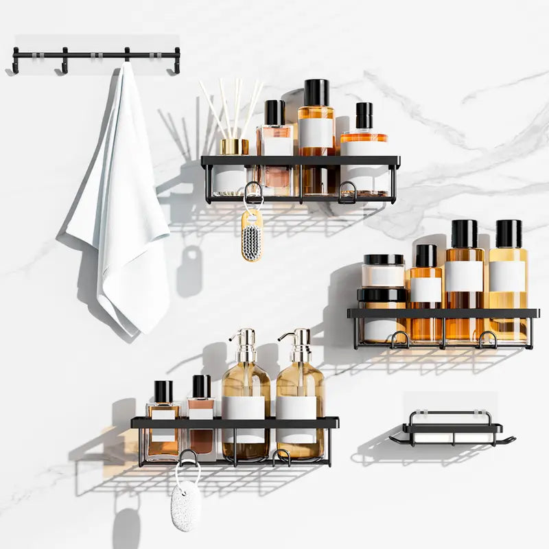 Organizador de Chuveiro 5 Peças Preto com Prateleiras e Ganchos Removíveis, Instalação Fácil sem Necessidade de Perfuração banheiro arrumado