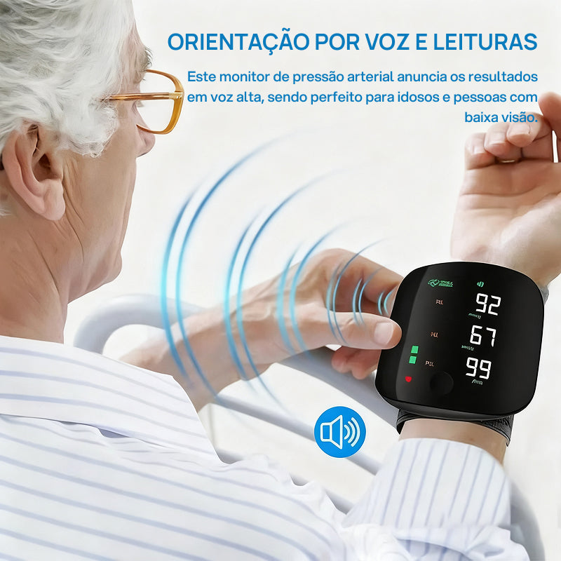 Monitor de Pressão Arterial de Pulso Recarregável para Uso Doméstico, com Voz, Tela Touch e Memória para 99 Leituras controle preciso