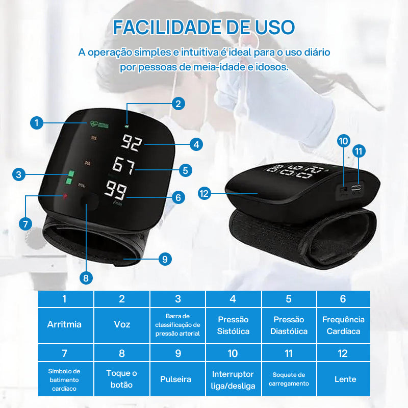 Monitor de Pressão Arterial de Pulso Recarregável para Uso Doméstico, com Voz, Tela Touch e Memória para 99 Leituras controle preciso