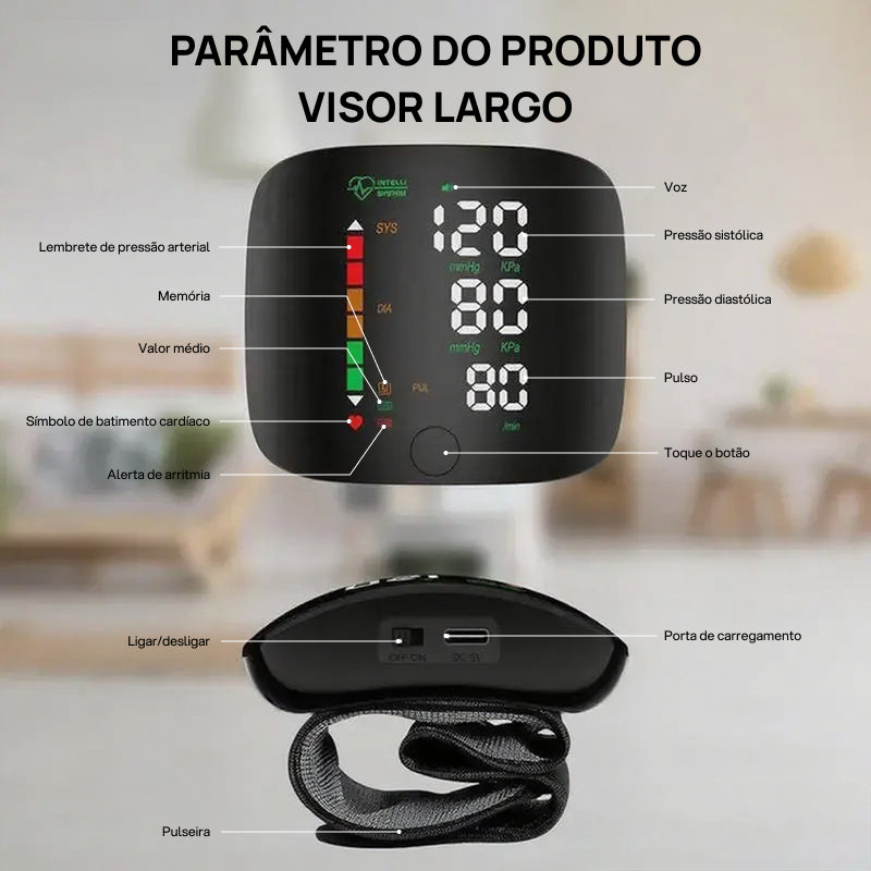Monitor de Pressão Arterial de Pulso Recarregável para Uso Doméstico, com Voz, Tela Touch e Memória para 99 Leituras controle preciso