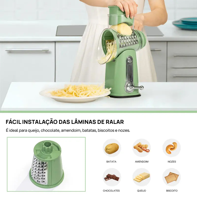 Ralador de Queijo Rotativo com 5 Lâminas Diversas, Base com Forte Sucção e Alça para Fatiar Legumes, versatilidade total e facilidade