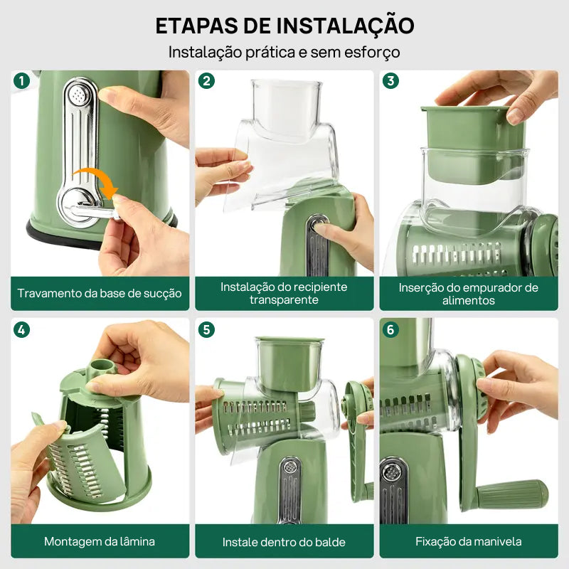 Ralador de Queijo Rotativo com 5 Lâminas Diversas, Base com Forte Sucção e Alça para Fatiar Legumes, versatilidade total e facilidade