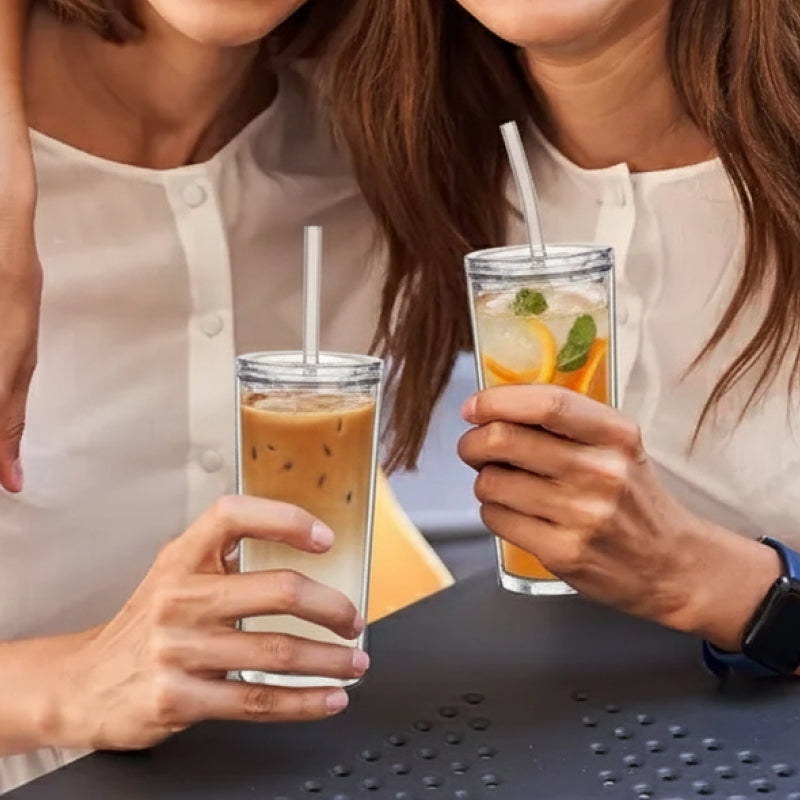 Conjunto de 4 Copos Tumbler Quadrados de Vidro 385ml, com Tampa de Plástico e Canudos de Vidro para Bebidas elegantemente modernos