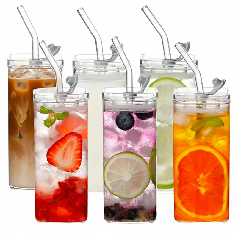 Conjunto de 4 Copos Tumbler Quadrados de Vidro 385ml, com Tampa de Plástico e Canudos de Vidro para Bebidas elegantemente modernos