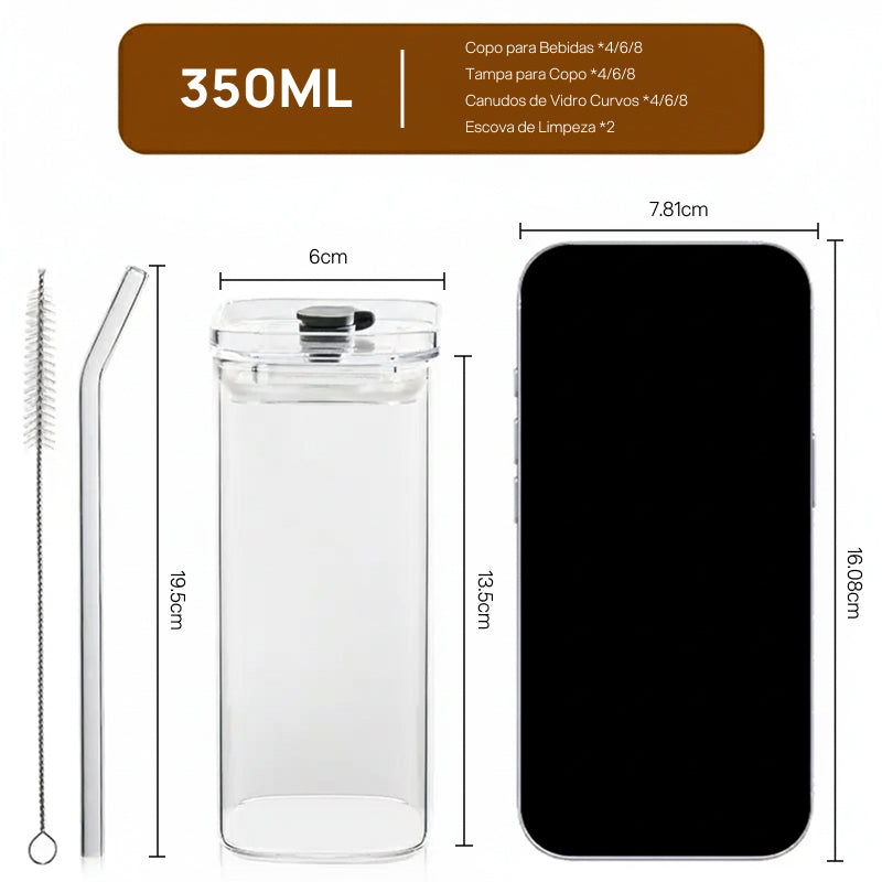 Conjunto de 4 Copos Tumbler Quadrados de Vidro 385ml, com Tampa de Plástico e Canudos de Vidro para Bebidas elegantemente modernos