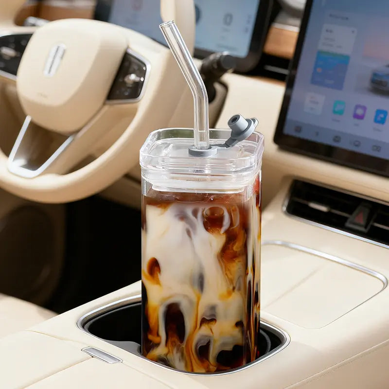 Conjunto de 4 Copos Tumbler Quadrados de Vidro 385ml, com Tampa de Plástico e Canudos de Vidro para Bebidas elegantemente modernos