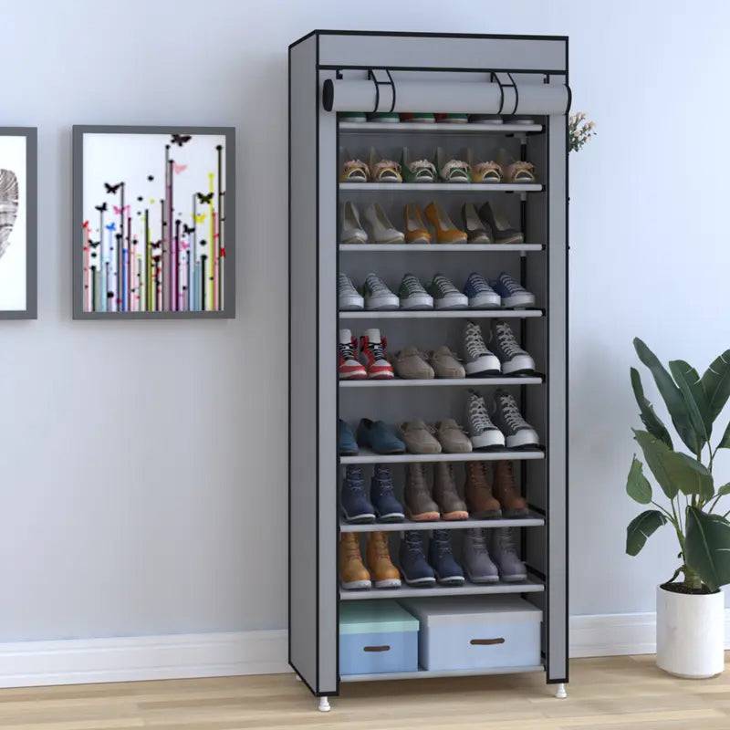 Sapateira Organizadora de 10 Andares com 9 Compartimentos e Capa à Prova de Poeira para Armazenamento de Calçados