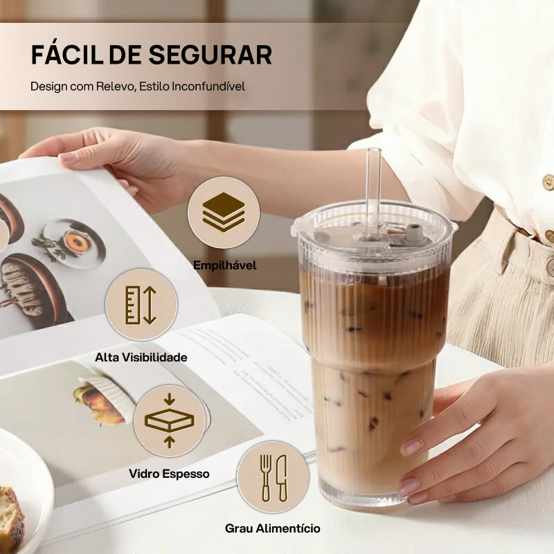 Conjunto de 2 ou 4 Copos de Vidro Texturizado com Tampa e Canudo, Reutilizáveis, Duráveis e à Prova de Vazamentos estilo sustentável
