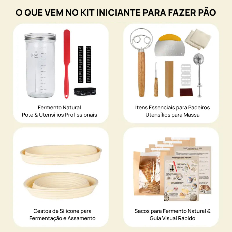 Kit Premium para Fabricação de Pão Sourdough, com Cestos de Silicone, Pote, Espátula, Batedor e Sacos completamente essencial