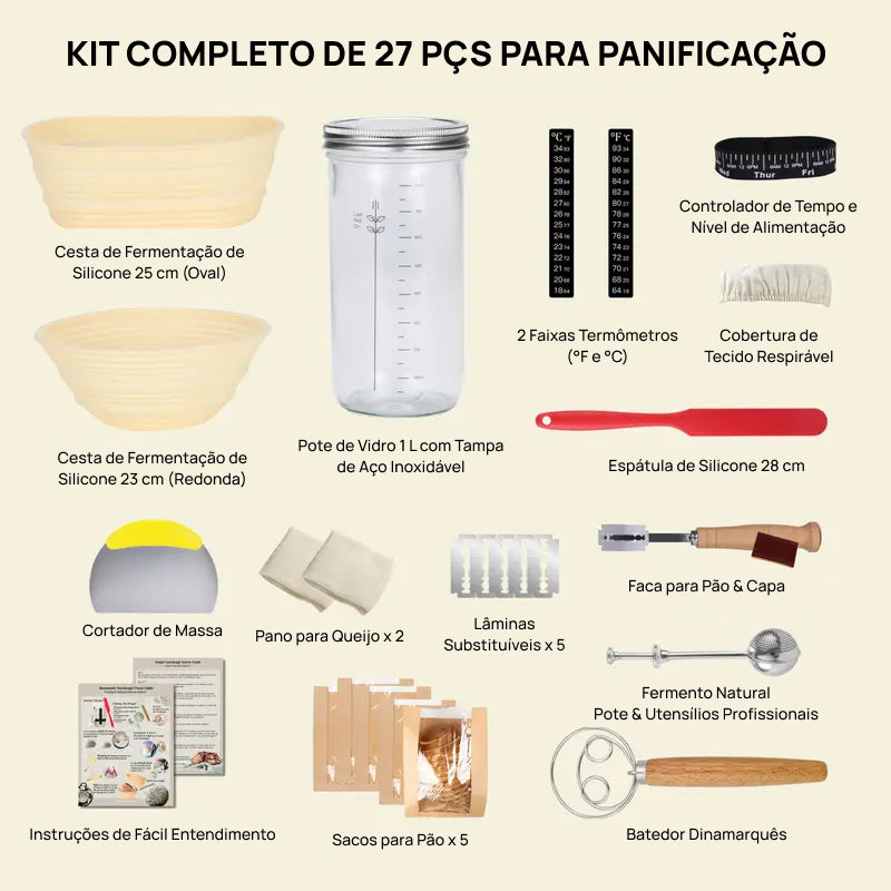 Kit Premium para Fabricação de Pão Sourdough, com Cestos de Silicone, Pote, Espátula, Batedor e Sacos completamente essencial