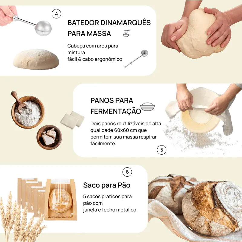 Kit Premium para Fabricação de Pão Sourdough, com Cestos de Silicone, Pote, Espátula, Batedor e Sacos completamente essencial