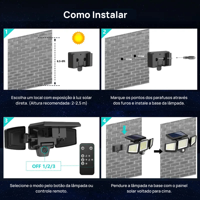 Luz de Segurança Solar 2500LM com 3 Cabeças Ajustáveis, 3 Modos de Iluminação e Proteção IP65 para Jardim eficientemente potente