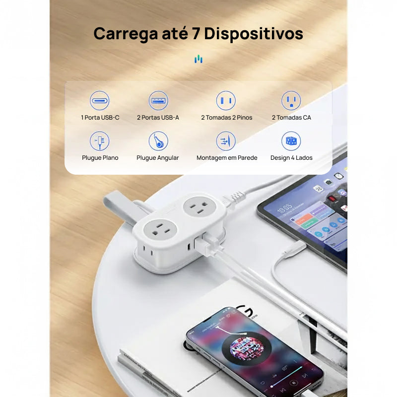 Filtro de Energia Compacto para Viagem, com 4 Tomadas e 3 Portas USB (Inclui USB-C) e Cabo de 1.2m, essencial e moderno, muito prático