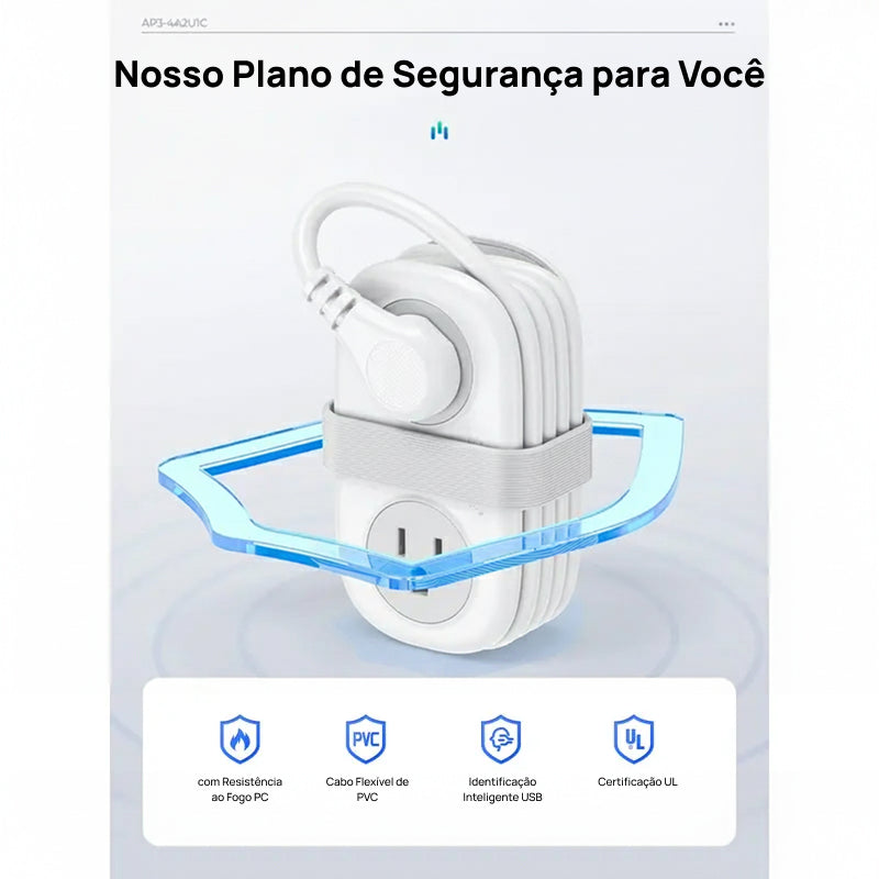 Filtro de Energia Compacto para Viagem, com 4 Tomadas e 3 Portas USB (Inclui USB-C) e Cabo de 1.2m, essencial e moderno, muito prático