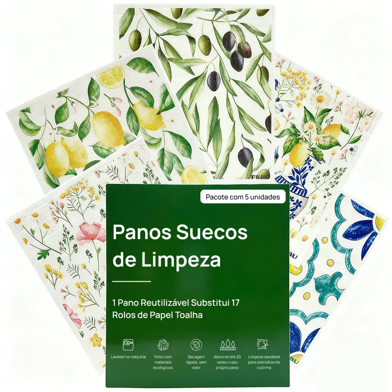 Conjunto de 5 Panos de Prato Suecos Absorventes em Algodão e Celulose, Laváveis, Reutilizáveis e Biodegradáveis qualidade superior