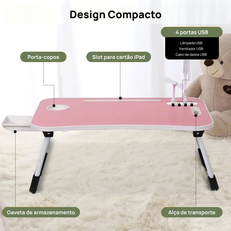 Mesa Portátil e Dobrável para Laptop com 4 Portas USB, Gaveta de Armazenamento e Suporte para Copos no Sofá ou Cama conforto produtivo