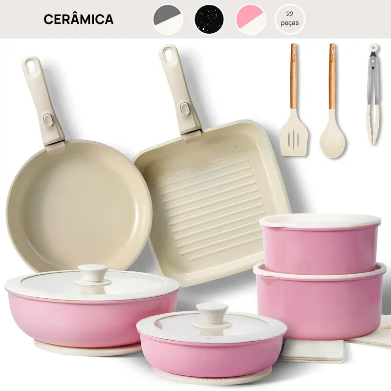 Conjunto Completo de 22 Peças de Panela Cerâmica Antiaderente, Compatível com Indução e com Alças Destacáveis cozinha saudável