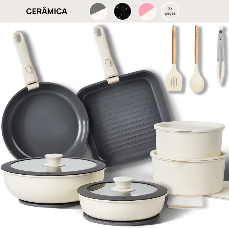 Conjunto Completo de 22 Peças de Panela Cerâmica Antiaderente, Compatível com Indução e com Alças Destacáveis cozinha saudável