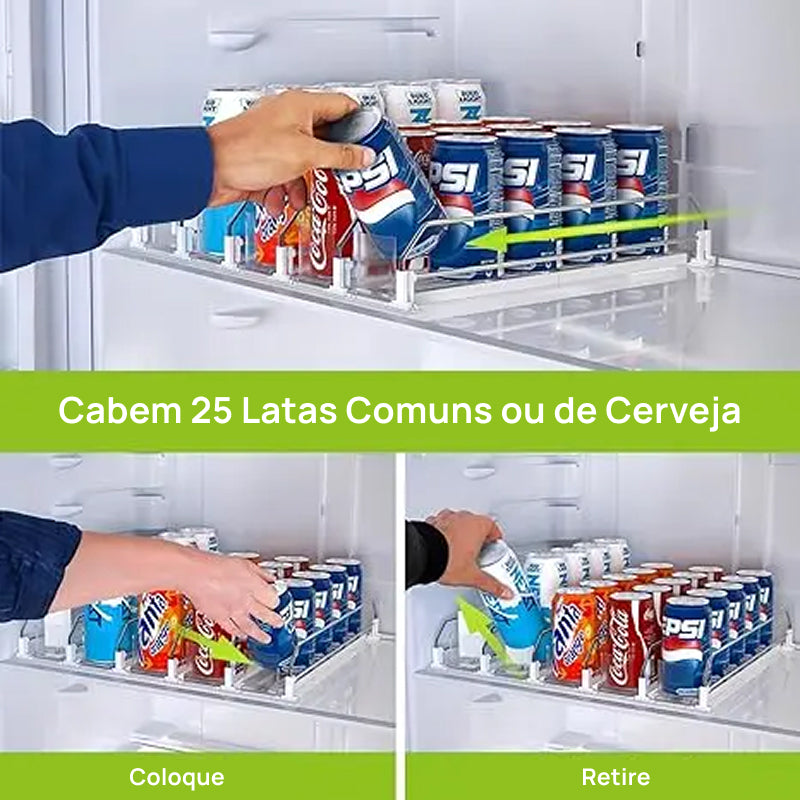 Organizador e Dispensador Automático de Latas para Geladeira, Suporta 355ml, 473ml e 591ml (3 ou 5 Fileiras) organiza perfeitamente