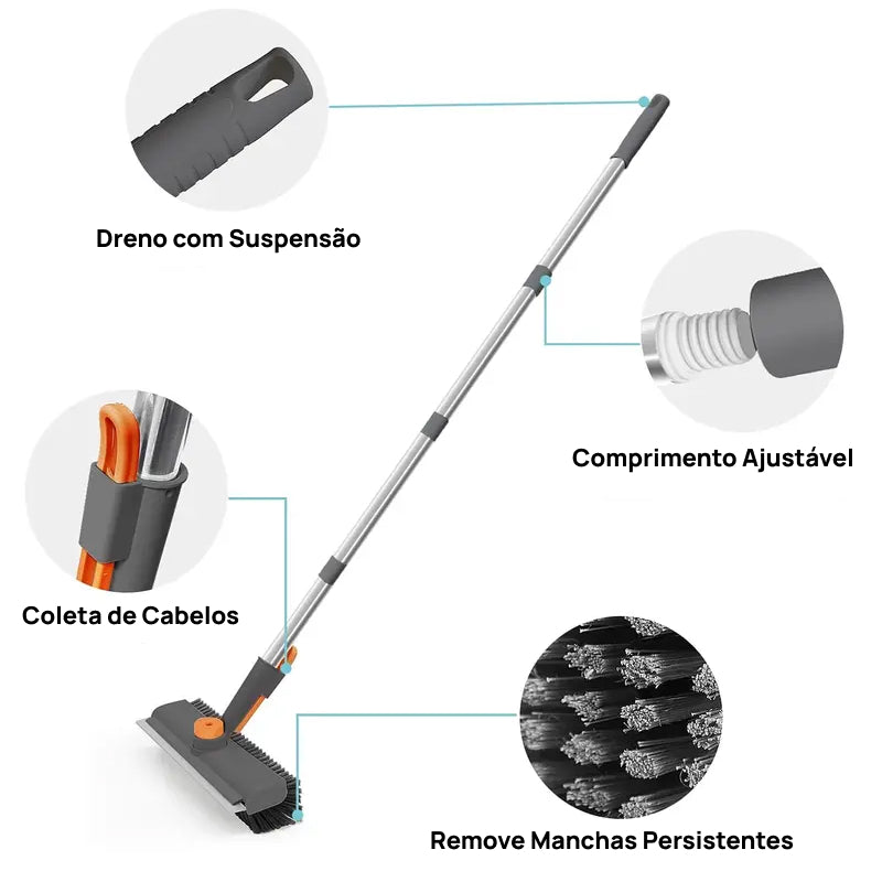 Escova de Limpeza 3 em 1 para Piso com Cabo Longo e Cerdas Rígidas, Ideal para Chuveiro, Banheiro, Garagem e Deck resistência total