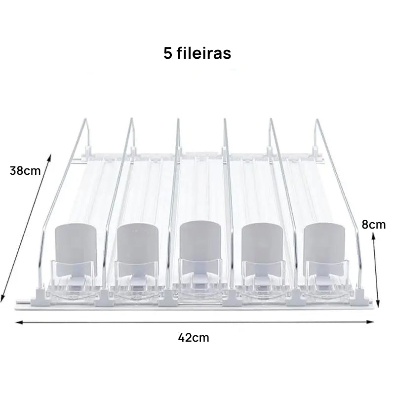 Organizador e Dispensador Automático de Latas para Geladeira, Suporta 355ml, 473ml e 591ml (3 ou 5 Fileiras) organiza perfeitamente