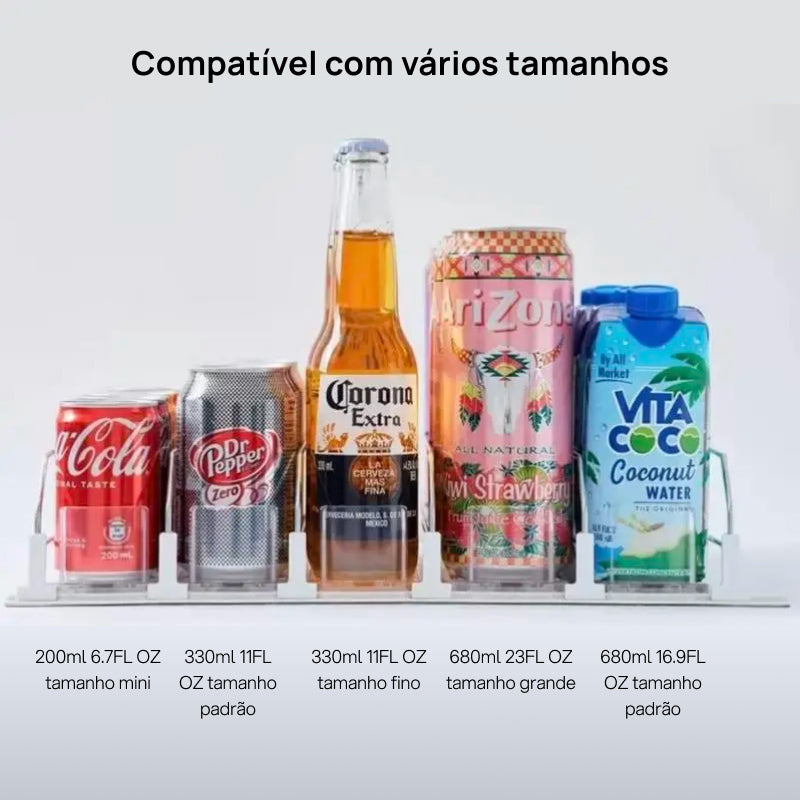 Organizador e Dispensador Automático de Latas para Geladeira, Suporta 355ml, 473ml e 591ml (3 ou 5 Fileiras) organiza perfeitamente