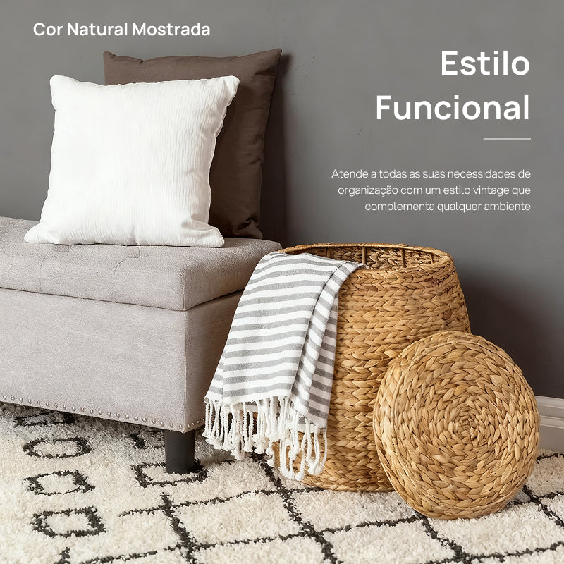 Cesta Organizadora Vintage Multifuncional de Jacinto-d’Água com Tampa, Ideal para Armazenamento em Qualquer Cômodo charme rústico