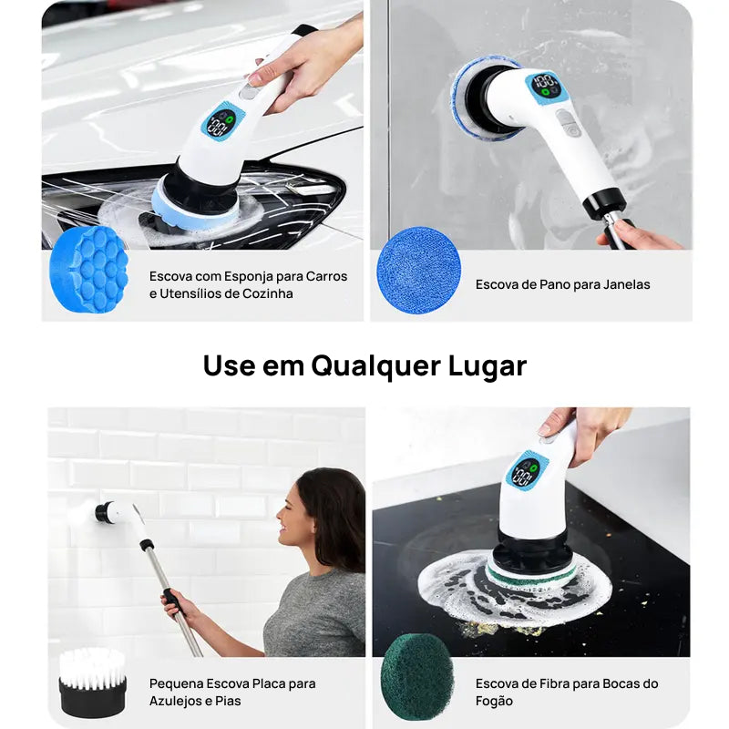 Esfregador Elétrico Rotativo Sem Fio IPX7 com 4 Escovas Substituíveis e Cabo Extensor Ajustável para Superfícies limpeza poderosa