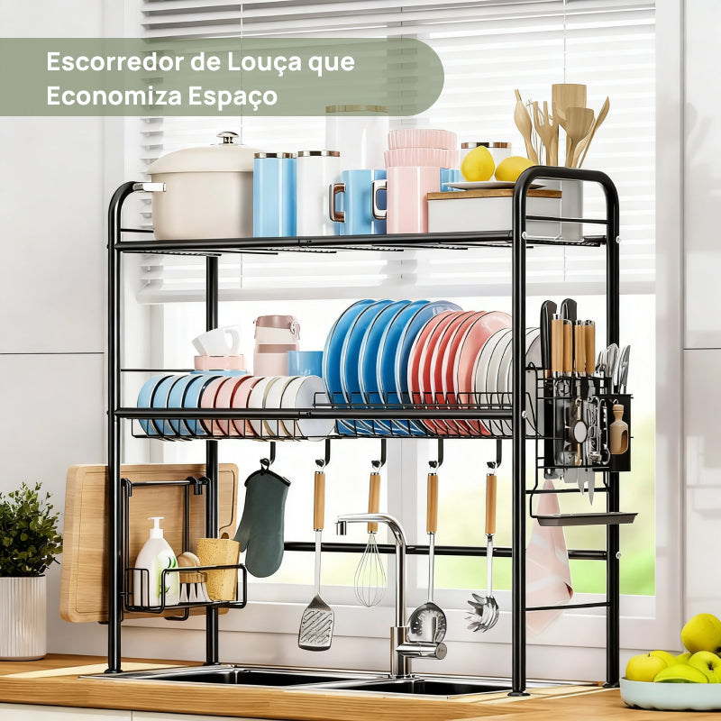 Escorredor de Louça Sobre a Pia com 2 Níveis em Metal, Organiza Pratos e Utensílios Economizando Espaço secagem eficiente