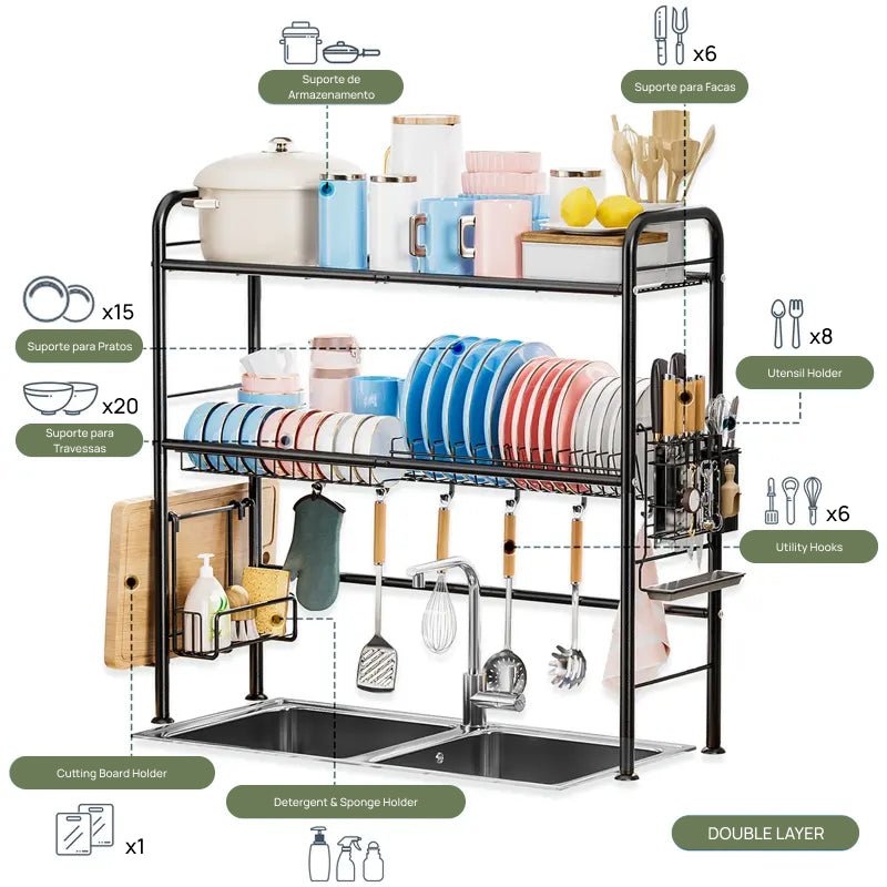 Escorredor de Louça Sobre a Pia com 2 Níveis em Metal, Organiza Pratos e Utensílios Economizando Espaço secagem eficiente