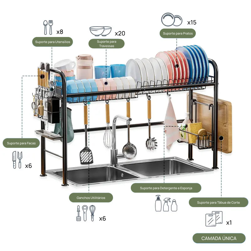 Escorredor de Louça Sobre a Pia com 2 Níveis em Metal, Organiza Pratos e Utensílios Economizando Espaço secagem eficiente