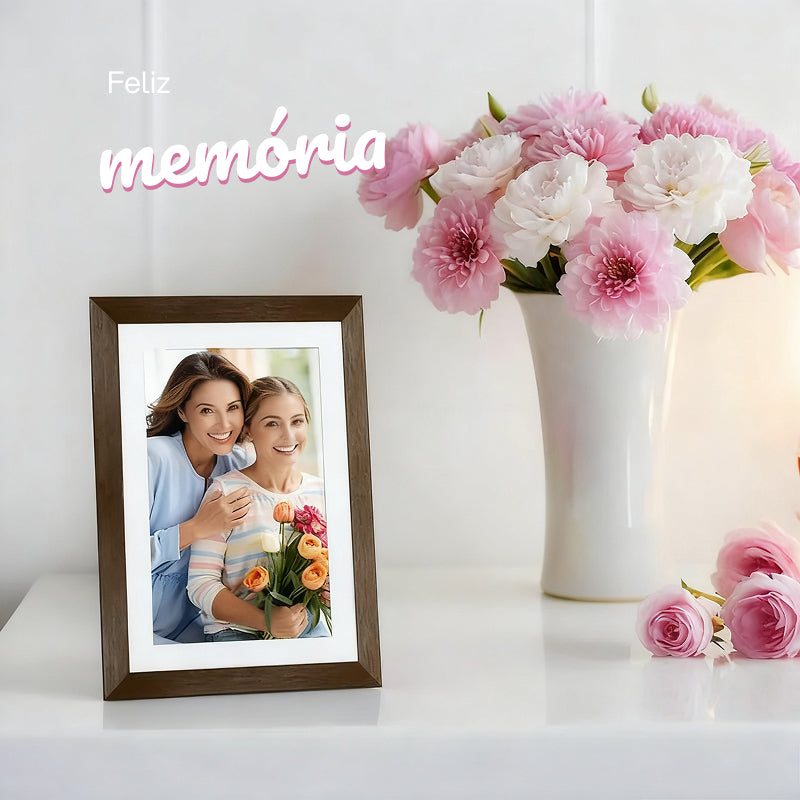 Porta-Retratos Digital Frameo 25.7cm com Moldura de Madeira, Fácil Instalação e Memória de 32GB para Fotos, memórias vivas e especiais