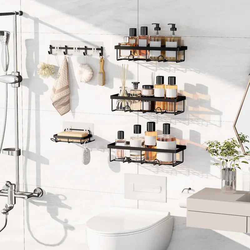 Organizador de Chuveiro 5 Peças Preto com Prateleiras e Ganchos Removíveis, Instalação Fácil sem Necessidade de Perfuração banheiro arrumado