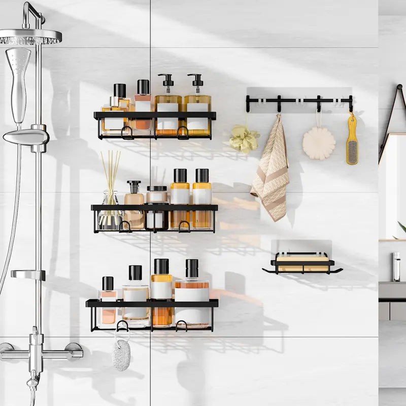 Organizador de Chuveiro 5 Peças Preto com Prateleiras e Ganchos Removíveis, Instalação Fácil sem Necessidade de Perfuração banheiro arrumado