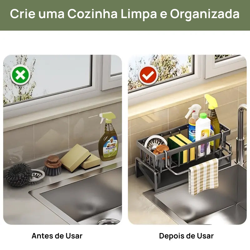 Suporte Organizador para Pia de Cozinha em Aço Inoxidável, com Divisor para Esponjas e Compartimento para Sabão pia ordenada
