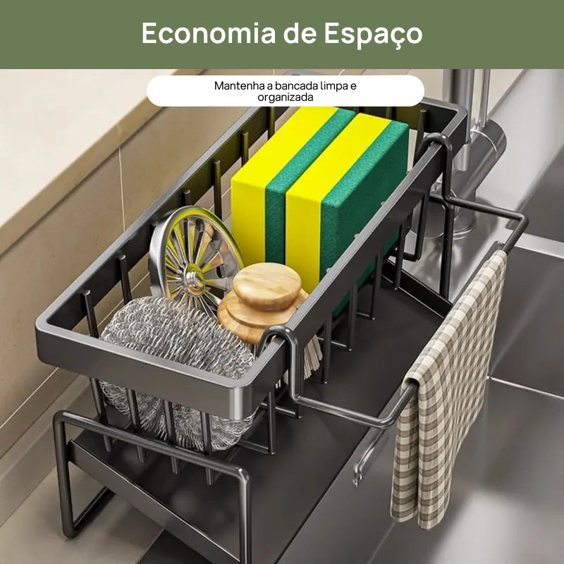 Suporte Organizador para Pia de Cozinha em Aço Inoxidável, com Divisor para Esponjas e Compartimento para Sabão pia ordenada