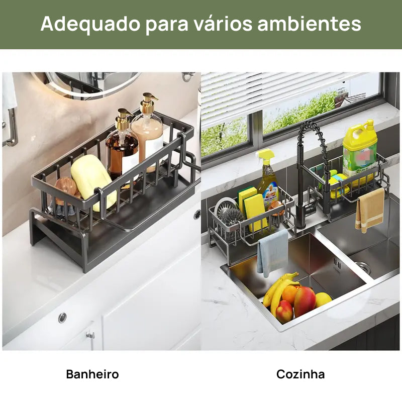 Suporte Organizador para Pia de Cozinha em Aço Inoxidável, com Divisor para Esponjas e Compartimento para Sabão pia ordenada