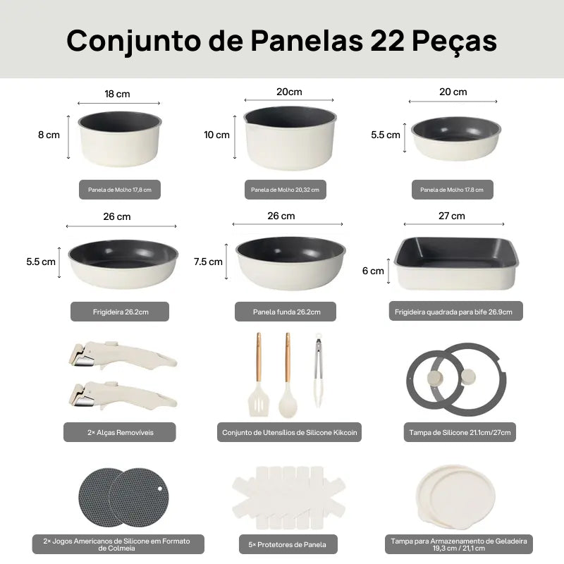 Conjunto Completo de 22 Peças de Panela Cerâmica Antiaderente, Compatível com Indução e com Alças Destacáveis cozinha saudável