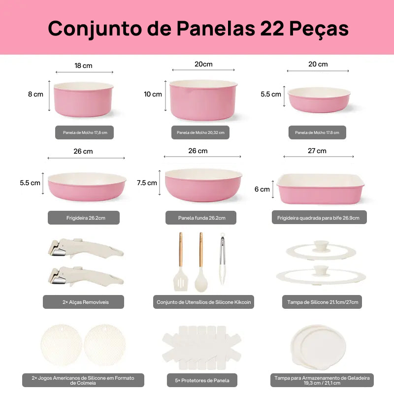 Conjunto Completo de 22 Peças de Panela Cerâmica Antiaderente, Compatível com Indução e com Alças Destacáveis cozinha saudável