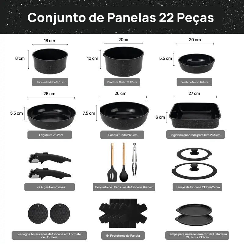 Conjunto Completo de 22 Peças de Panela Cerâmica Antiaderente, Compatível com Indução e com Alças Destacáveis cozinha saudável