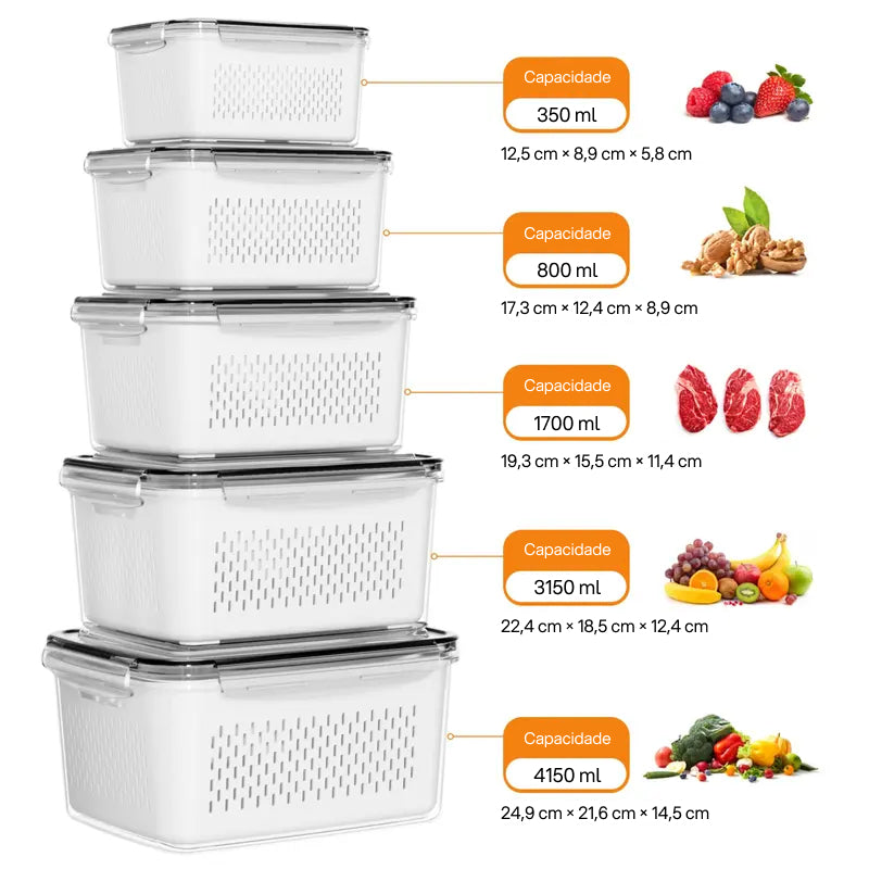 Kit com 5 Organizadores Empilháveis para Geladeira, com Coador Removível para Frutas, Legumes e Carnes Frescas frescura prolongada