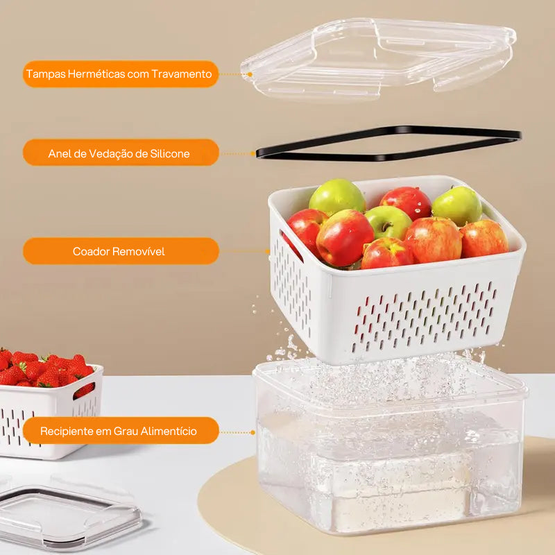 Kit com 5 Organizadores Empilháveis para Geladeira, com Coador Removível para Frutas, Legumes e Carnes Frescas frescura prolongada