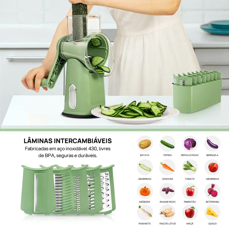 Ralador de Queijo Rotativo com 5 Lâminas Diversas, Base com Forte Sucção e Alça para Fatiar Legumes, versatilidade total e facilidade