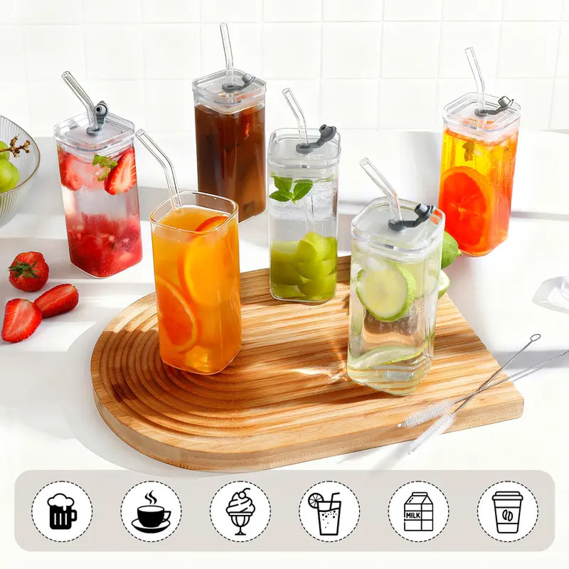Conjunto de 4 Copos Tumbler Quadrados de Vidro 385ml, com Tampa de Plástico e Canudos de Vidro para Bebidas elegantemente modernos