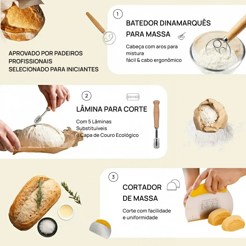 Kit Premium para Fabricação de Pão Sourdough, com Cestos de Silicone, Pote, Espátula, Batedor e Sacos completamente essencial