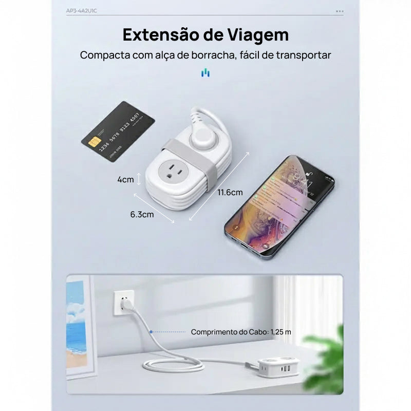 Filtro de Energia Compacto para Viagem, com 4 Tomadas e 3 Portas USB (Inclui USB-C) e Cabo de 1.2m, essencial e moderno, muito prático