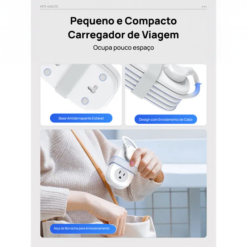 Filtro de Energia Compacto para Viagem, com 4 Tomadas e 3 Portas USB (Inclui USB-C) e Cabo de 1.2m, essencial e moderno, muito prático