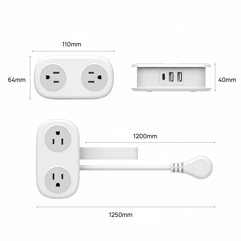 Filtro de Energia Compacto para Viagem, com 4 Tomadas e 3 Portas USB (Inclui USB-C) e Cabo de 1.2m, essencial e moderno, muito prático